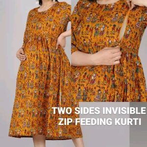 Stylish Mustard Printed Maternity & Feeding Kurti with Invisible Side Zips | Comfortable Nursing Wear