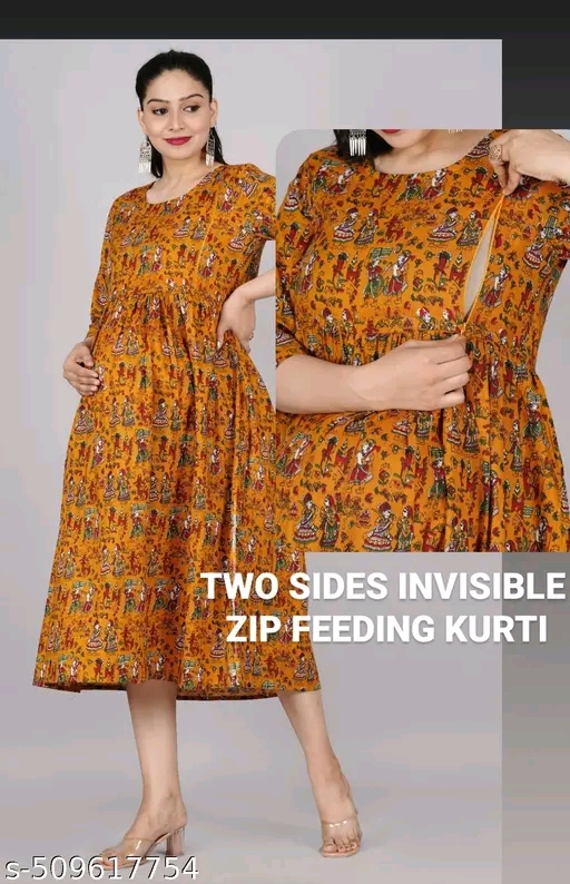 Stylish Mustard Printed Maternity & Feeding Kurti with Invisible Side Zips | Comfortable Nursing Wear