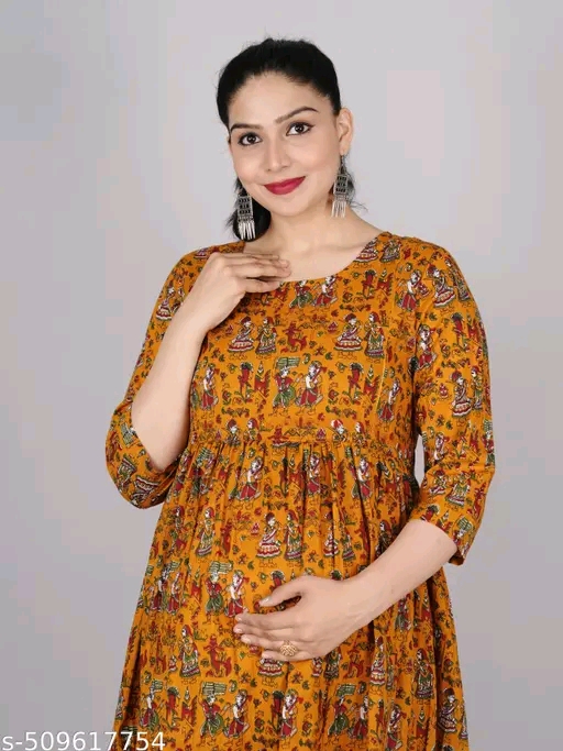 Stylish Mustard Printed Maternity & Feeding Kurti with Invisible Side Zips | Comfortable Nursing Wear - Image 3